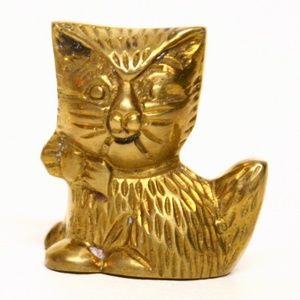 Vintage Brass Cat Figurine with Bow on Collar